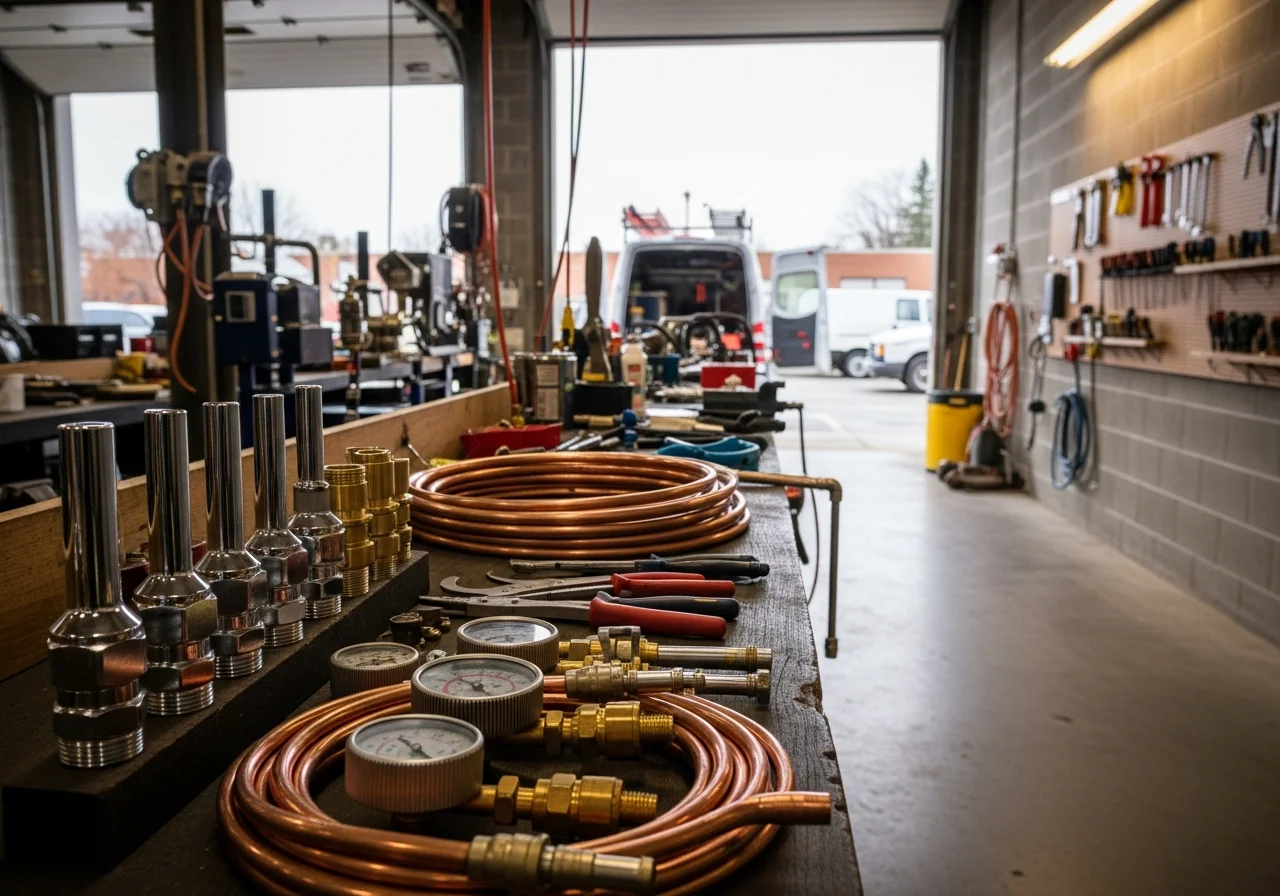 Professional HVAC and plumbing shop floor with tools, equipment, and service vehicles ready for dispatch.