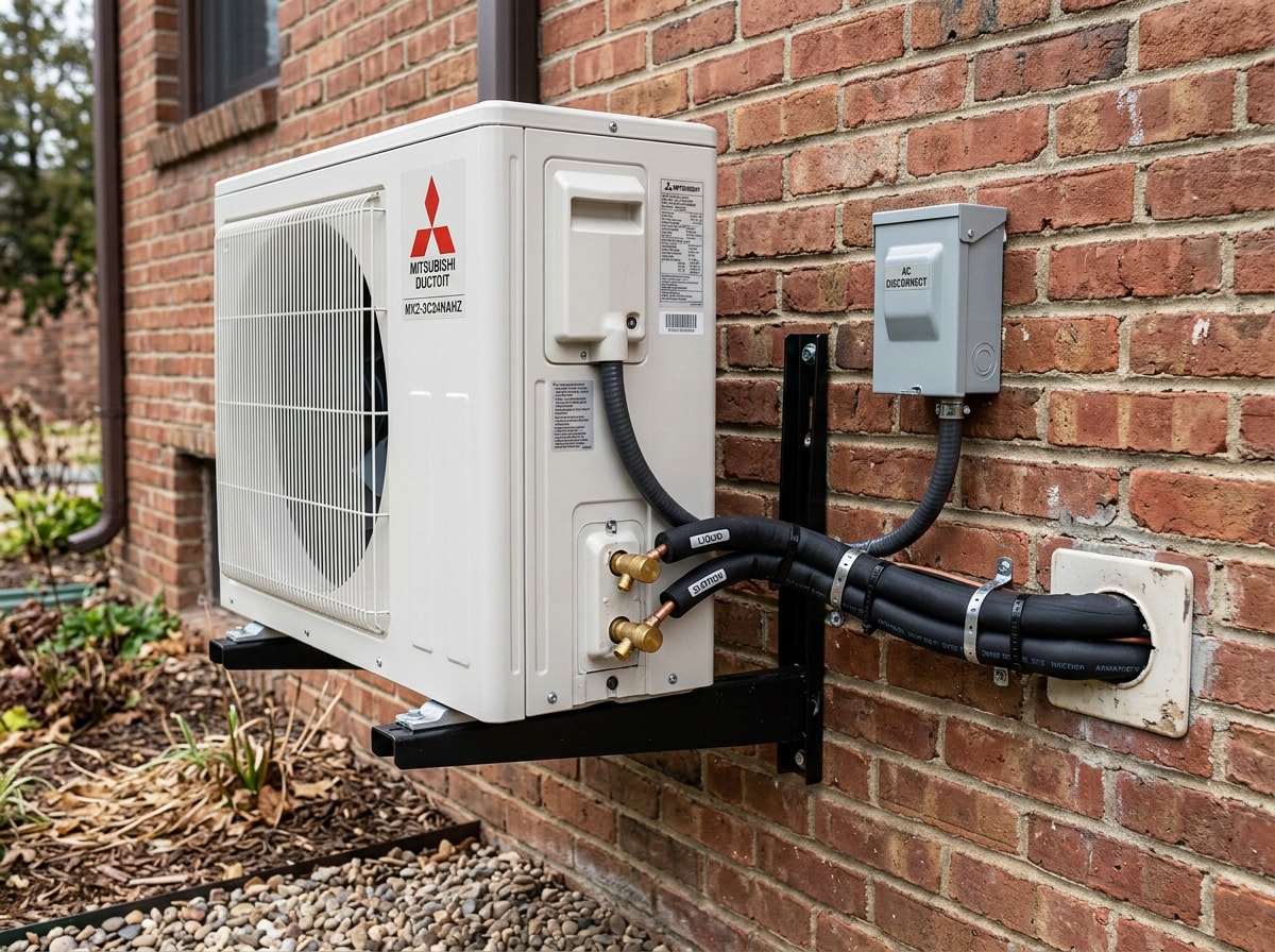 Ductless mini-split outdoor condenser unit mounted on an exterior wall of a Maryland home