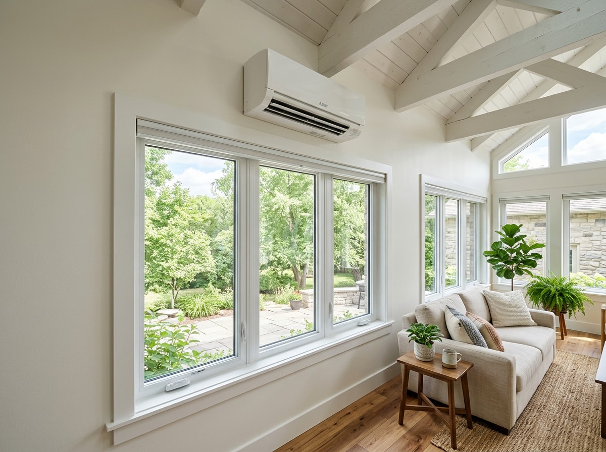 Technician-installed ductless mini-split indoor wall unit in a finished Maryland sunroom addition