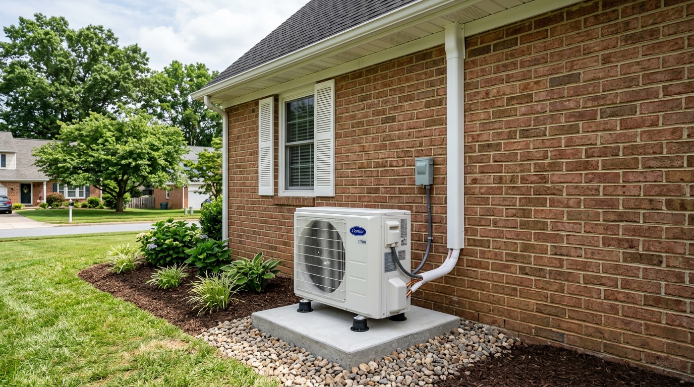 New 1-ton ductless mini-split condenser unit installed outside a Timonium, MD home