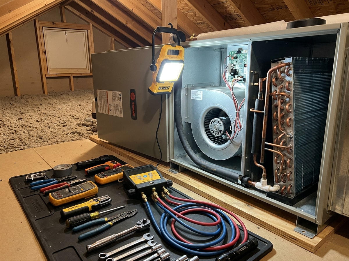 Technician inspecting an ac air handler cabinet inside a Rosedale, MD home