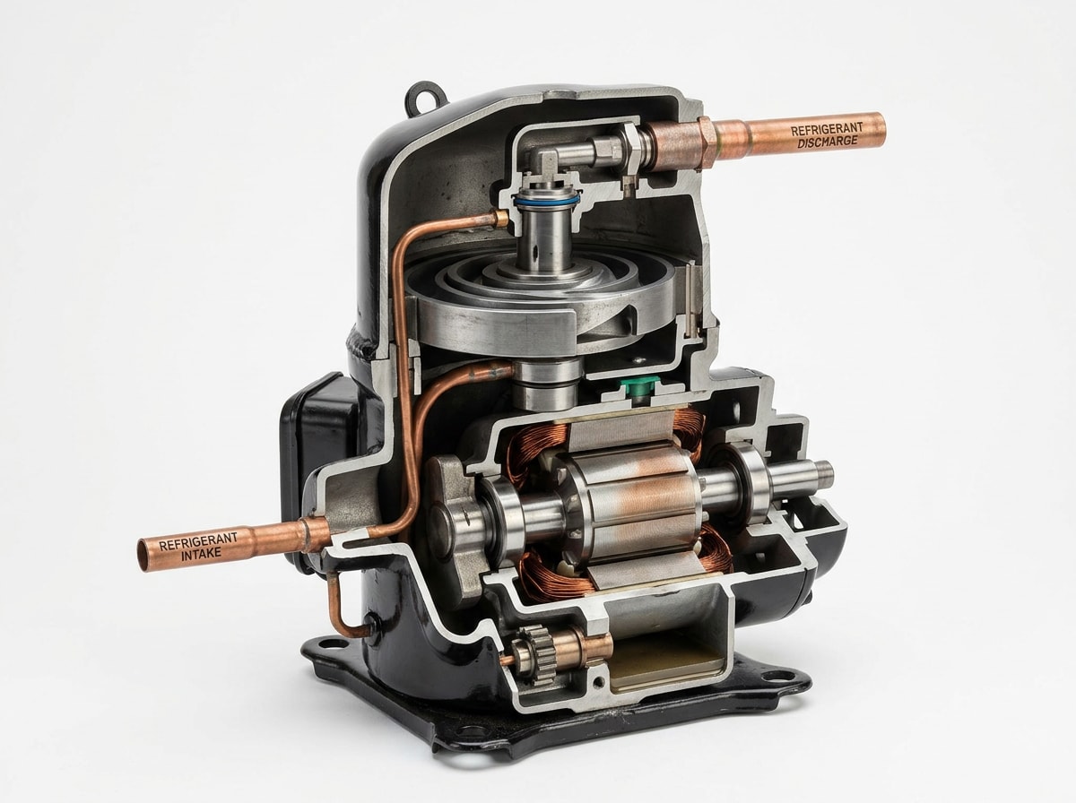 Labeled diagram of an AC compressor showing refrigerant intake and discharge points