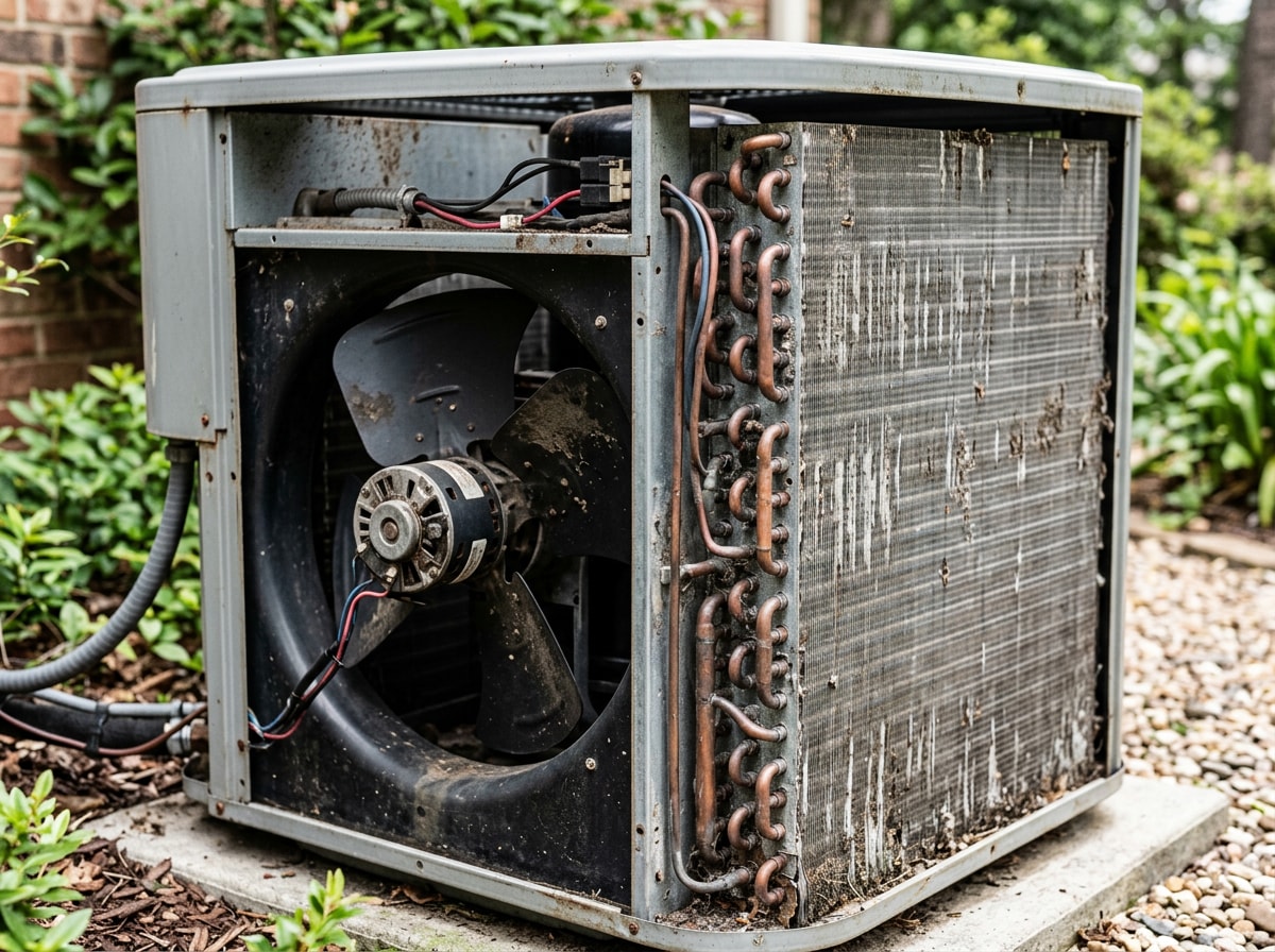 Labeled diagram of an AC condenser coil and outdoor fan unit
