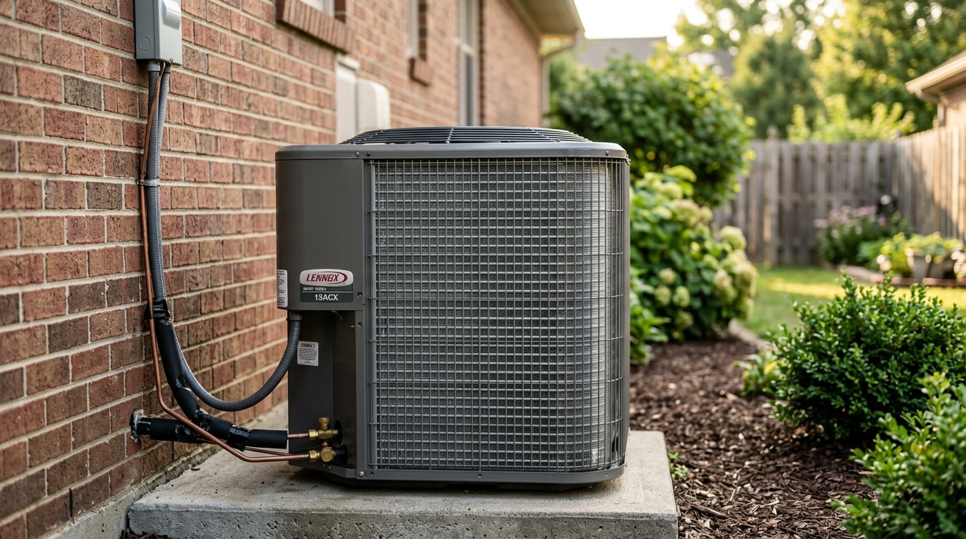 Residential outdoor AC condenser unit beside a home Residential outdoor AC condenser unit beside a home