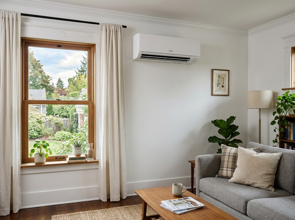 Wall-mounted ductless mini split unit installed above a window in a Dundalk living room
