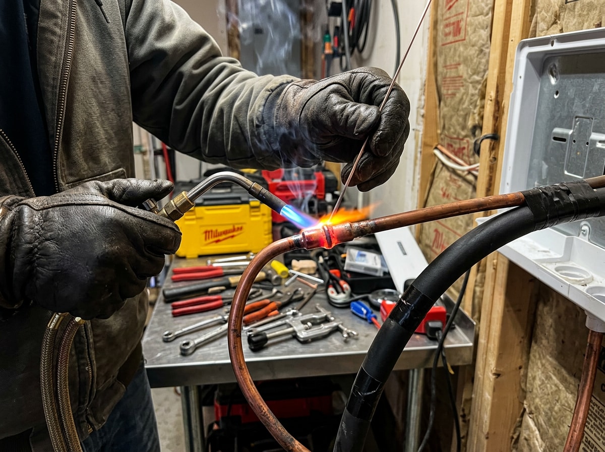 Technician brazing refrigerant line set during a ductless mini split installation