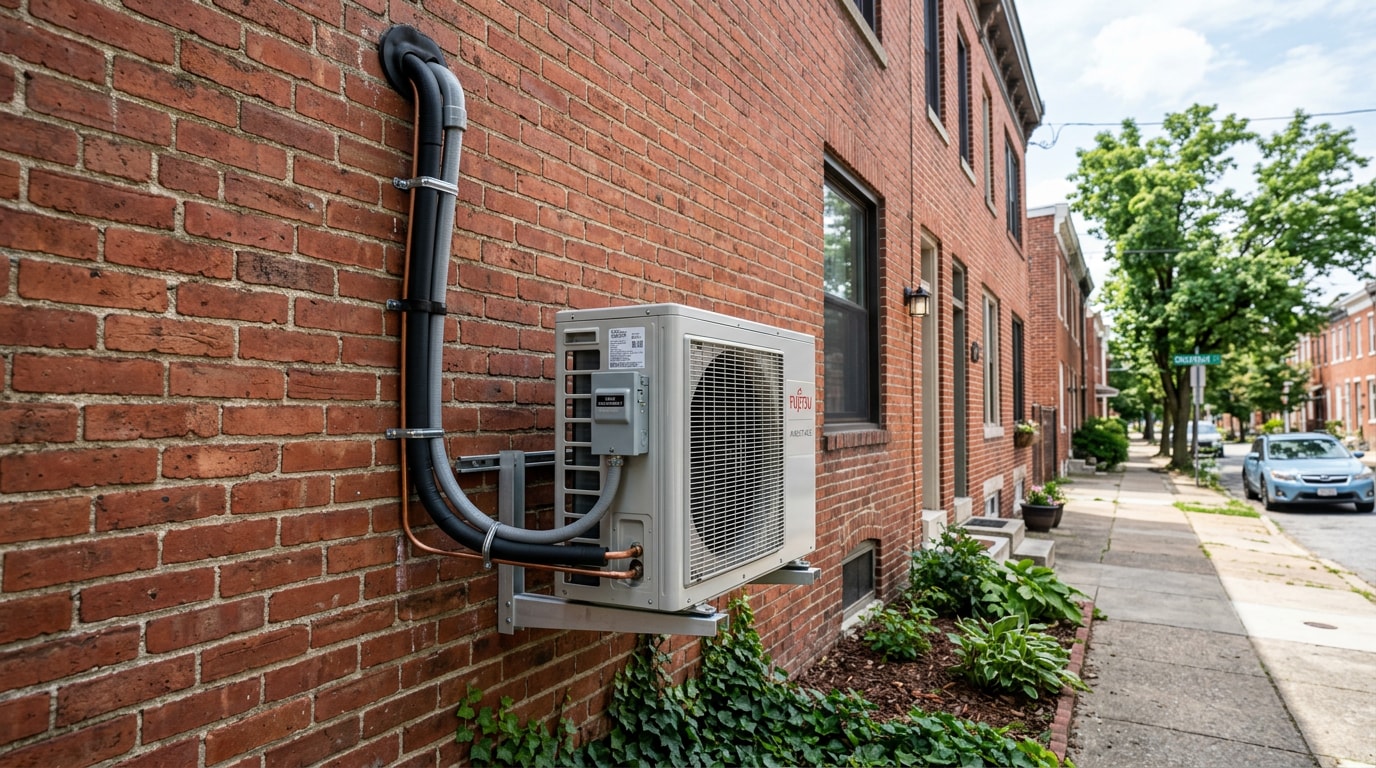 Outdoor condenser unit of a ductless mini split system installed on a brick rowhome in Dundalk, MD