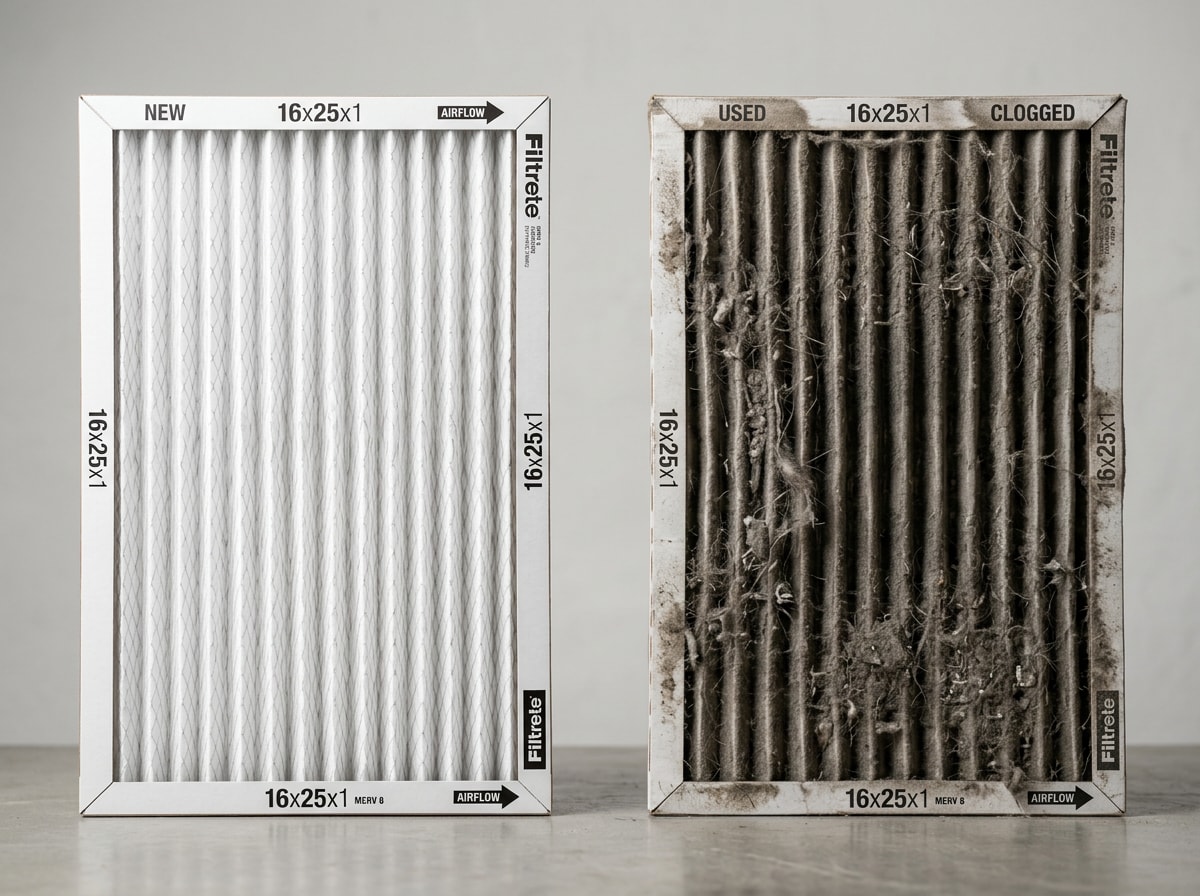 Side-by-side comparison of a clean air filter and a dirty, clogged AC filter