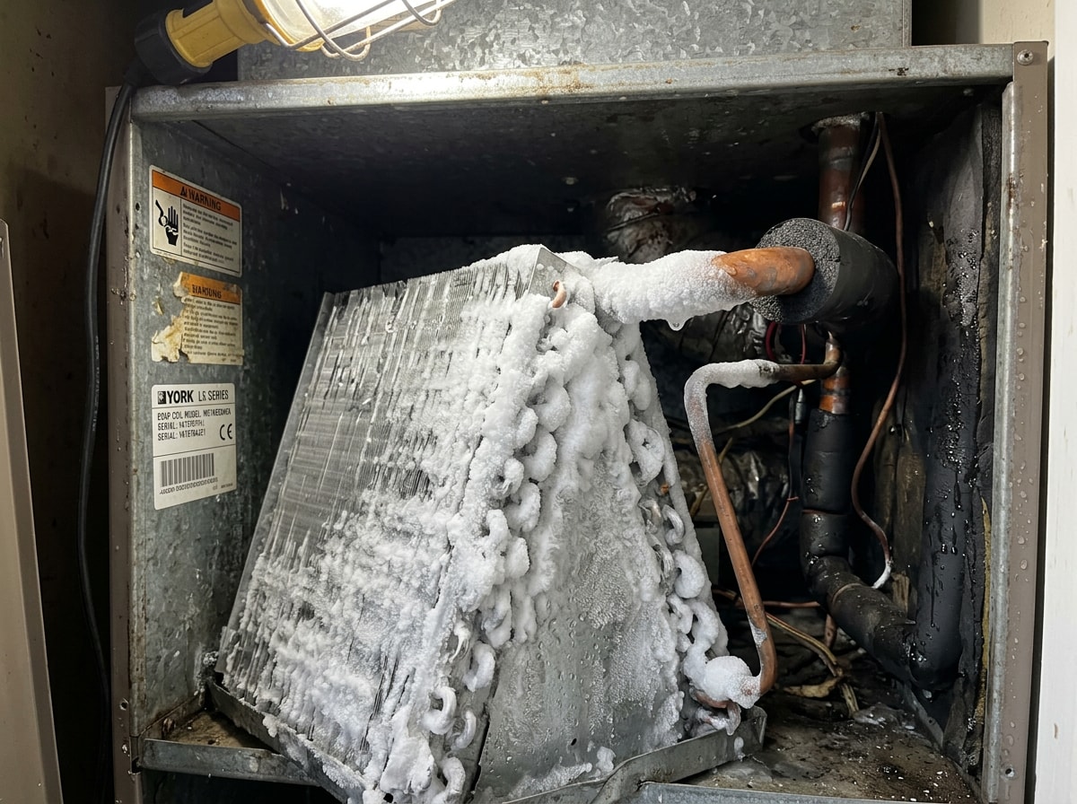 Frosted evaporator coil and refrigerant line showing signs of an AC unit freezing up
