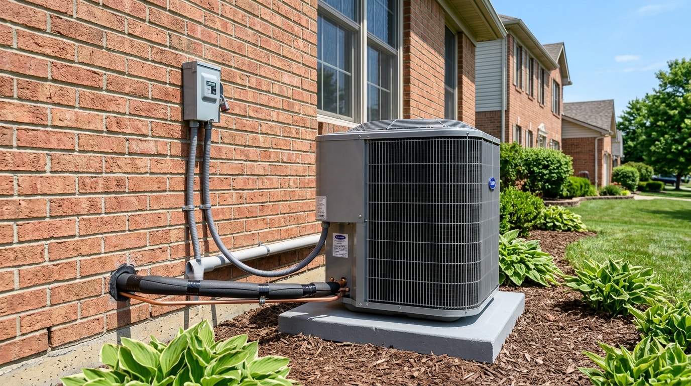 Residential central air conditioner condenser unit outside a Pikesville, MD home Residential central air conditioner condenser unit outside a Pikesville, MD home
