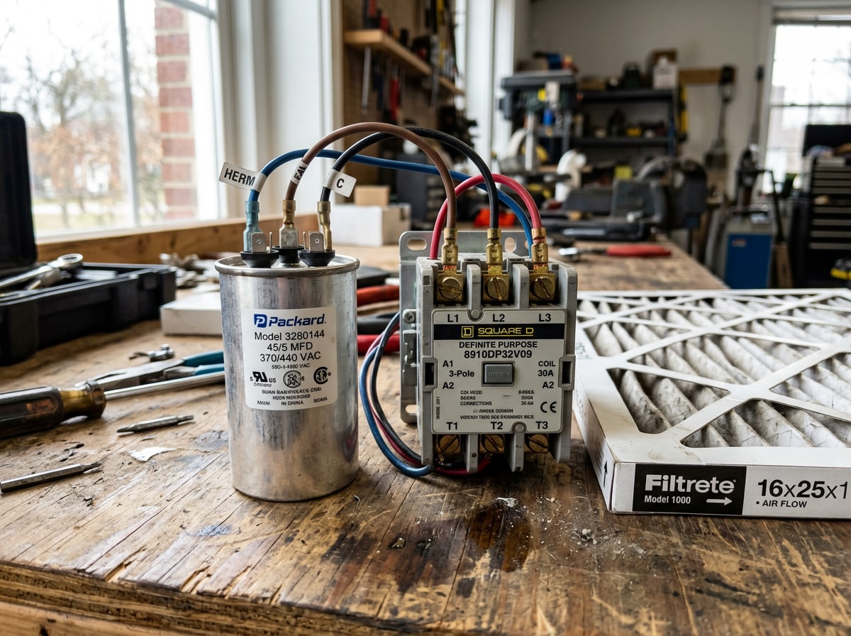 Close-up of air conditioning parts including a capacitor, contactor, and air filter displayed at a Pikesville HVAC parts store