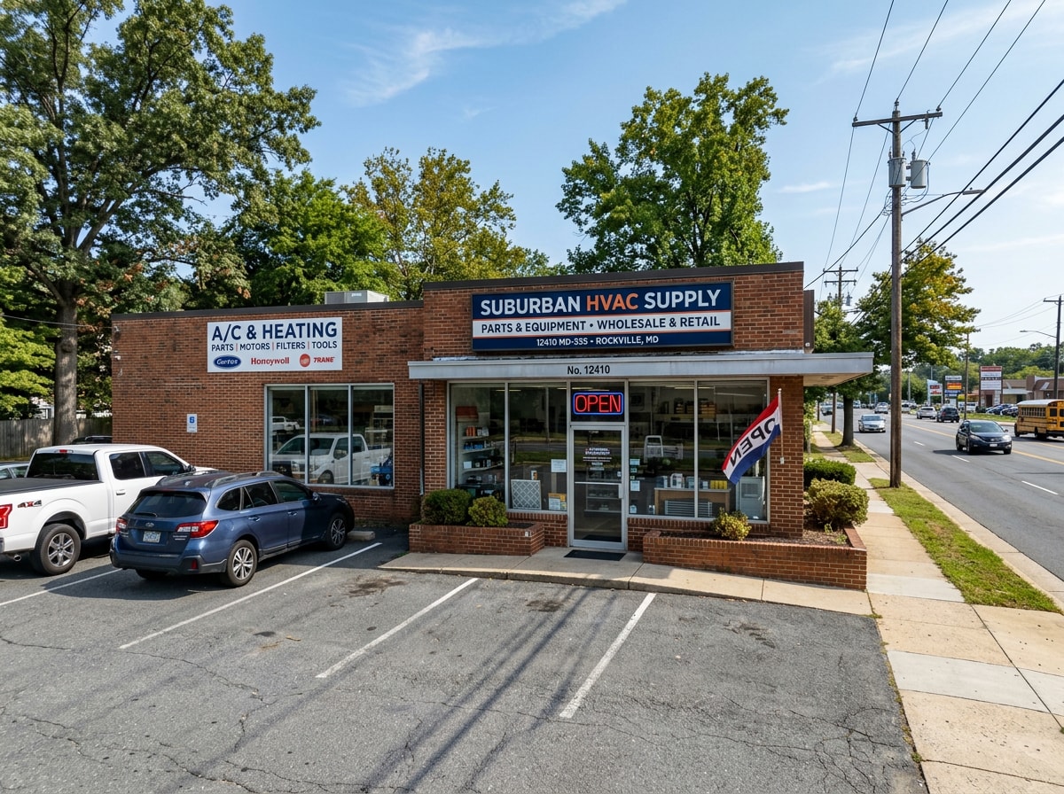 Exterior storefront of an air conditioning parts store serving Pikesville, MD and surrounding Baltimore County neighborhoods