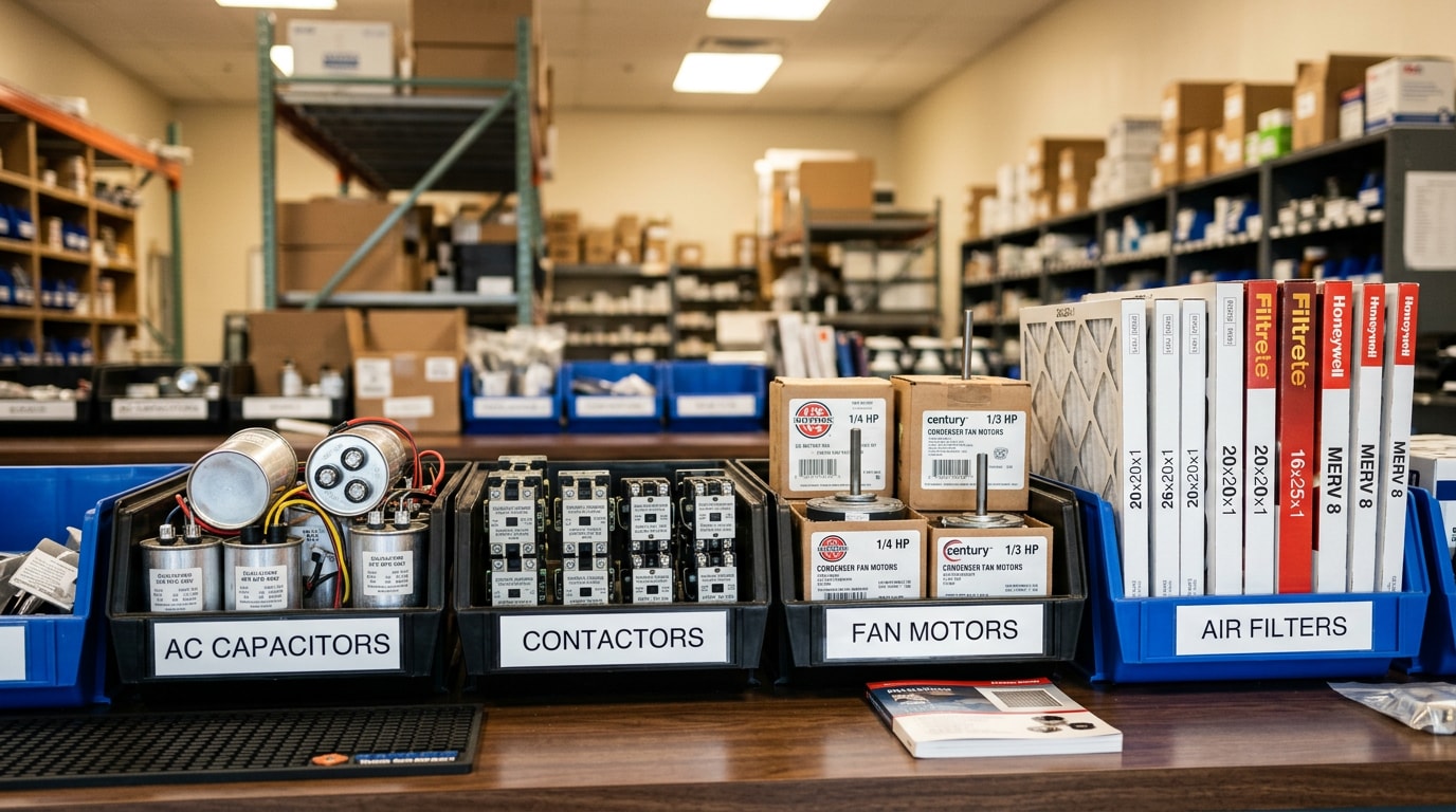 Organized HVAC parts counter display with AC capacitors, contactors, and filters Organized HVAC parts counter display with AC capacitors, contactors, and filters