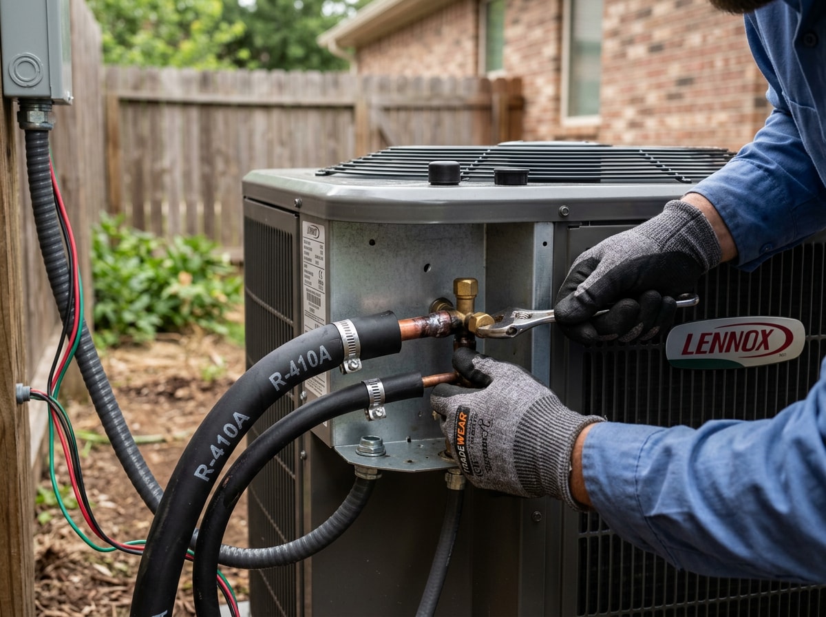HVAC technician connecting refrigerant lines on a new outdoor condenser unit during a central air conditioning installation