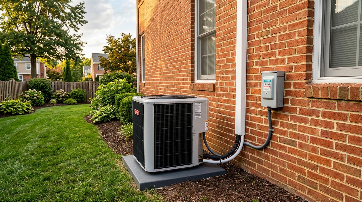 New central air conditioning condenser unit installed outside a Cockeysville, MD home