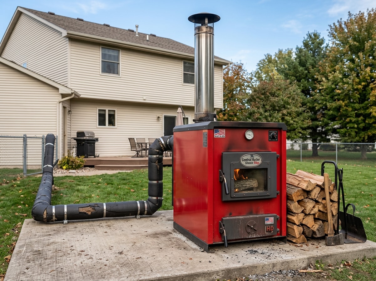 Central Boiler Classic Edge outdoor wood furnace installed outside a residential property