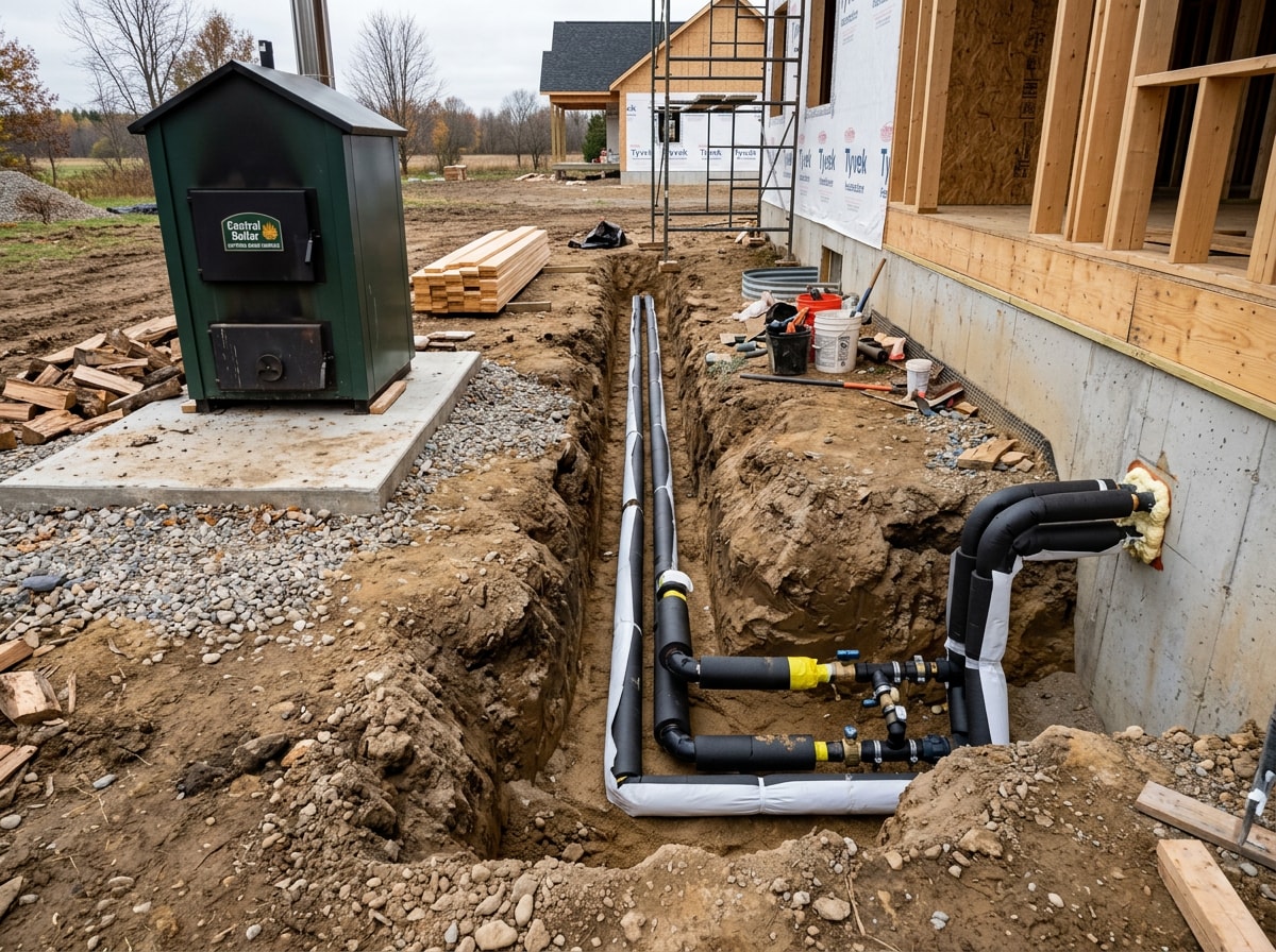 Diagram showing outdoor wood furnace installation layout including trenching, piping, and indoor hookup points
