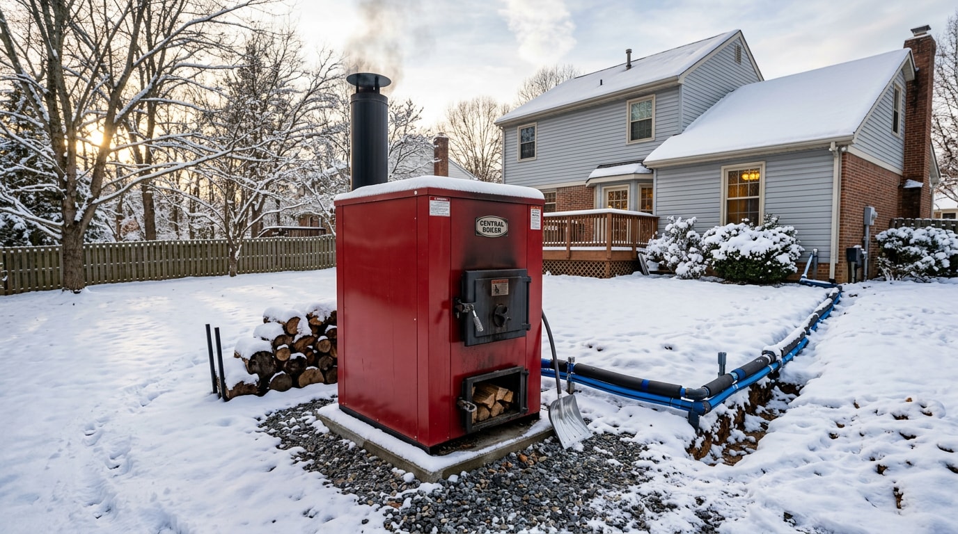 Central Boiler outdoor wood furnace installed in a residential backyard in Owings Mills, MD
