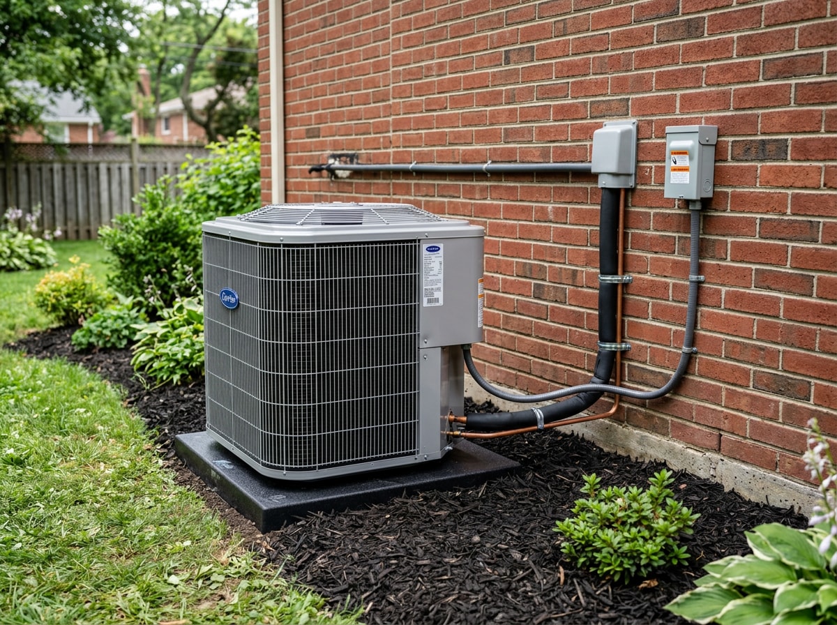 New outdoor condenser unit installed beside a brick home in Towson, Maryland