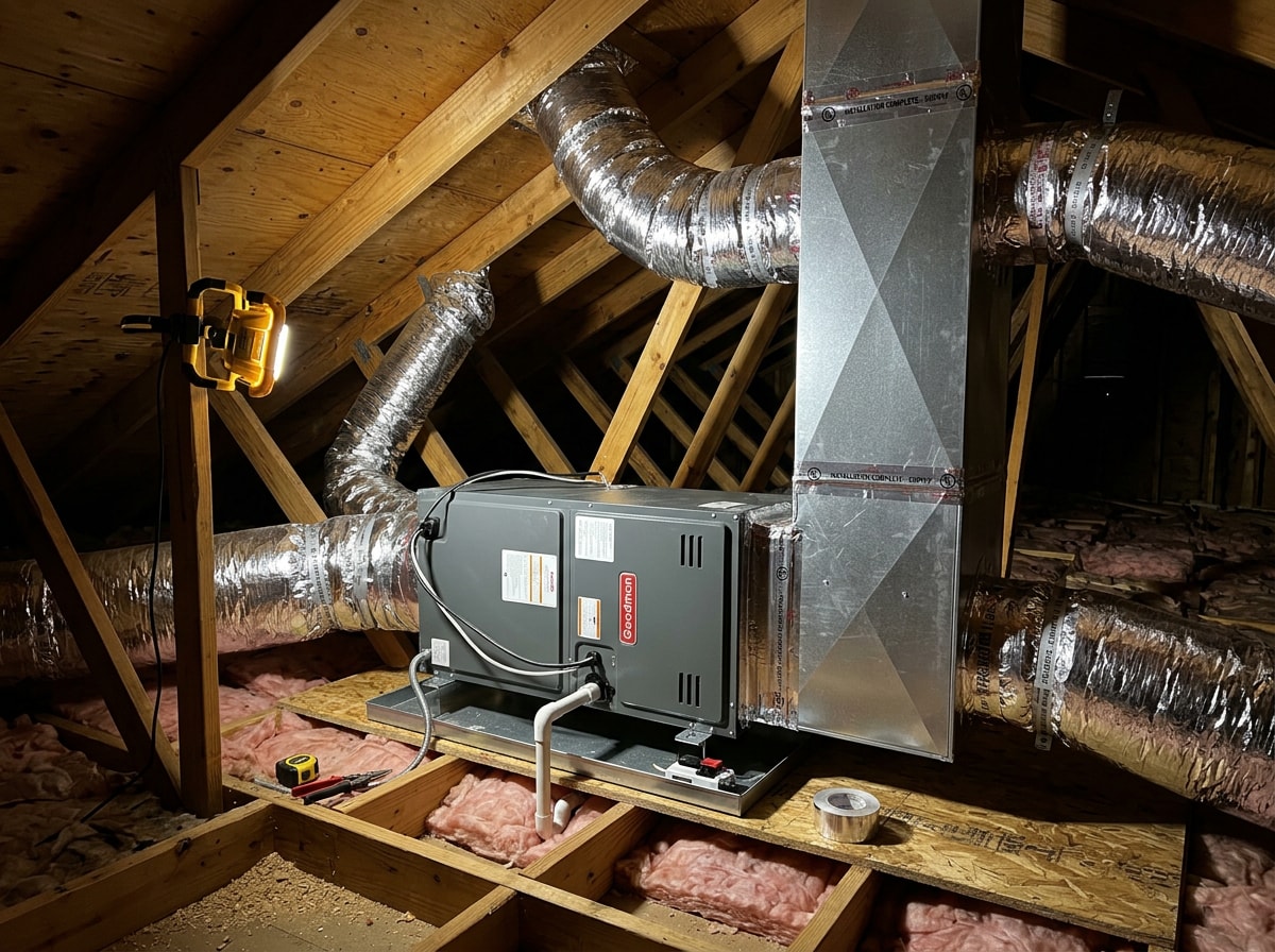 Technician-grade central air handler and supply plenum installed in a home attic