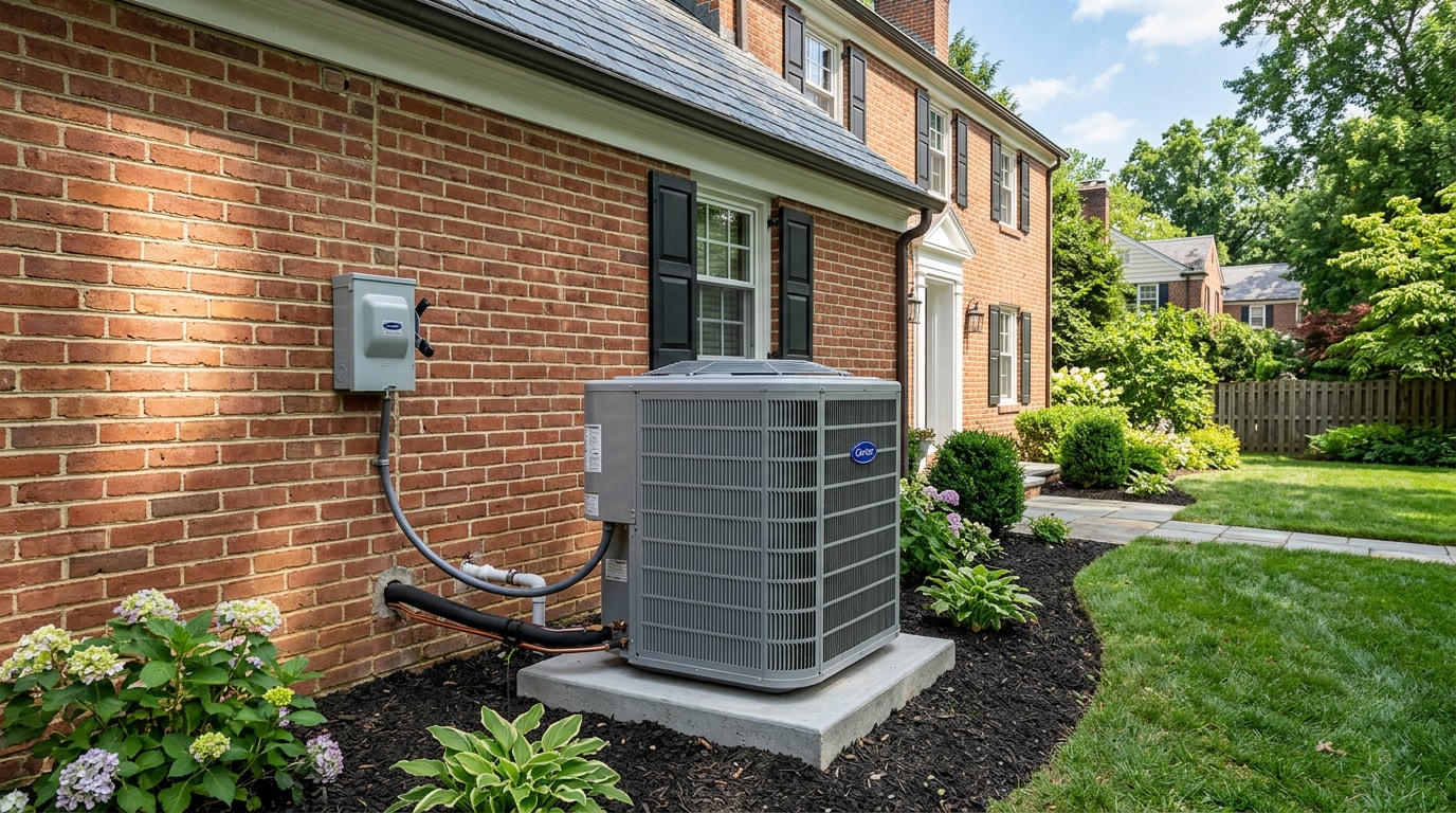 New central air conditioning condenser unit installed outside a Towson, MD home
