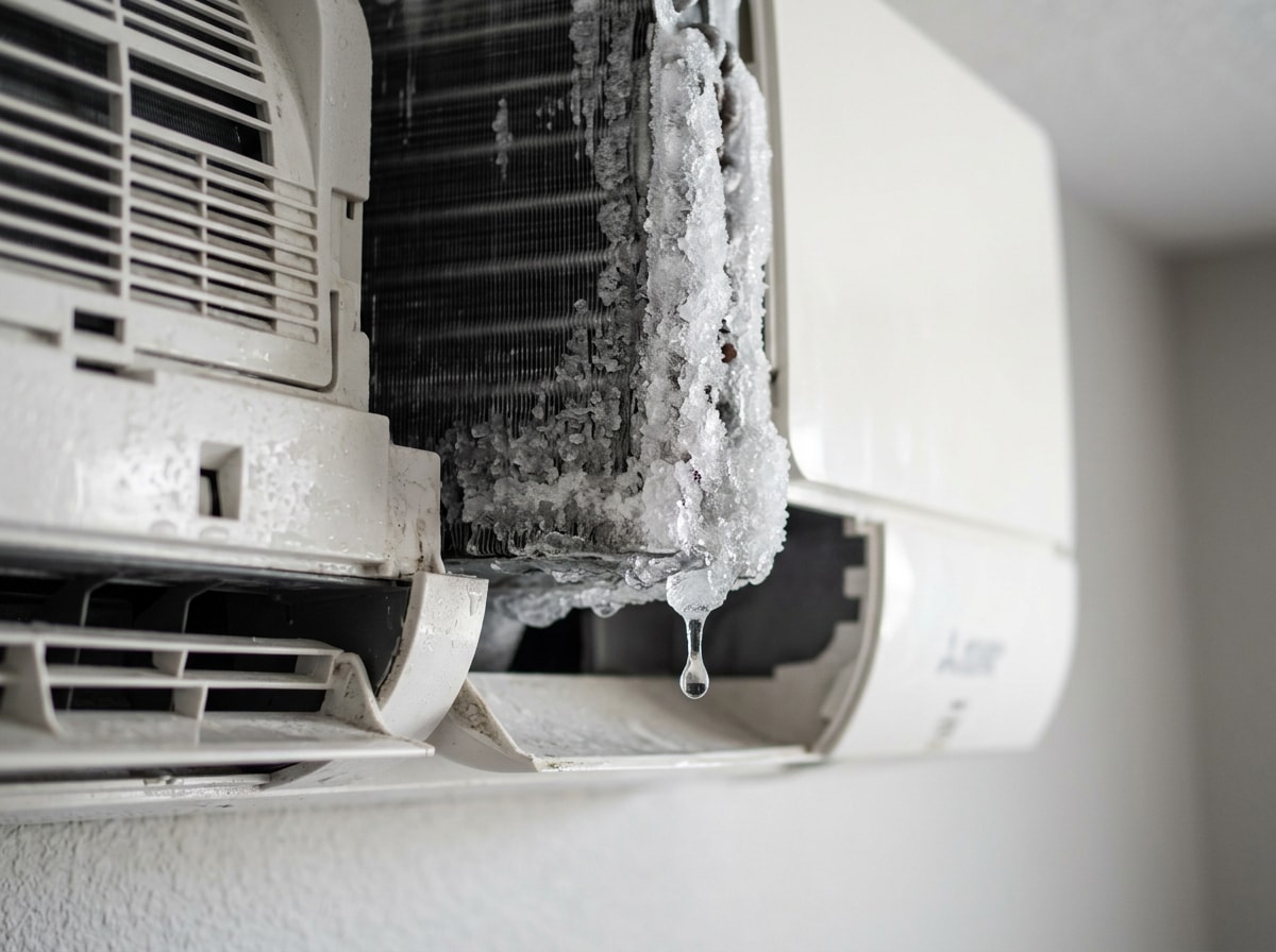 Technician inspecting a ductless mini split indoor unit for ice buildup and water leaks