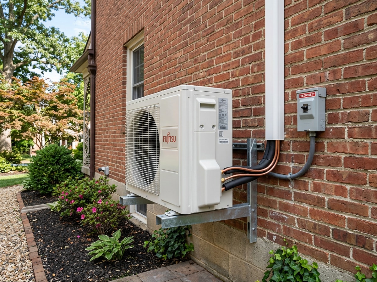 Outdoor ductless mini split condenser unit freshly serviced and running outside a Maryland home