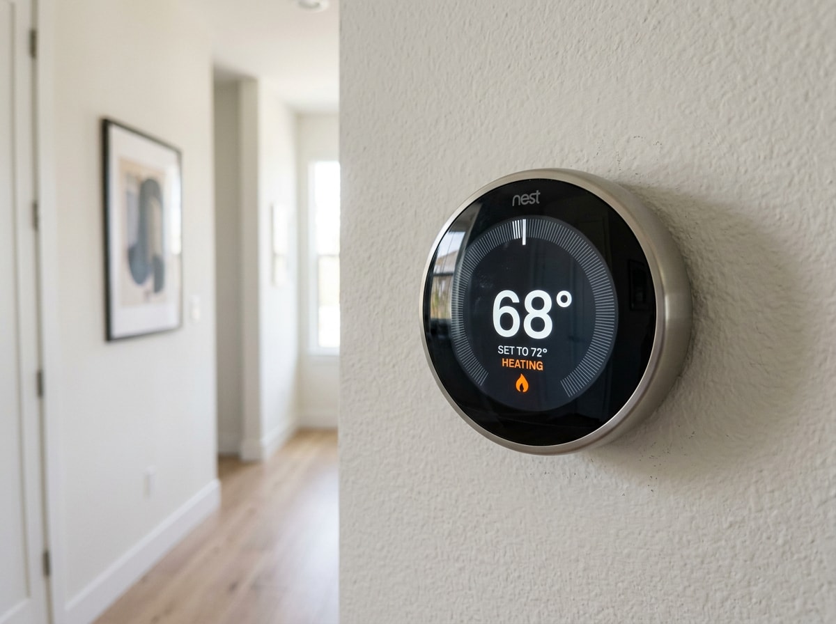 Homeowner checking thermostat calibration on a digital control panel