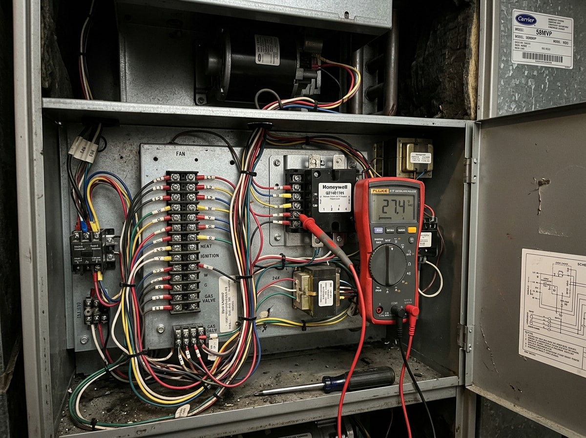 Technician performing an electrical panel inspection on a home furnace