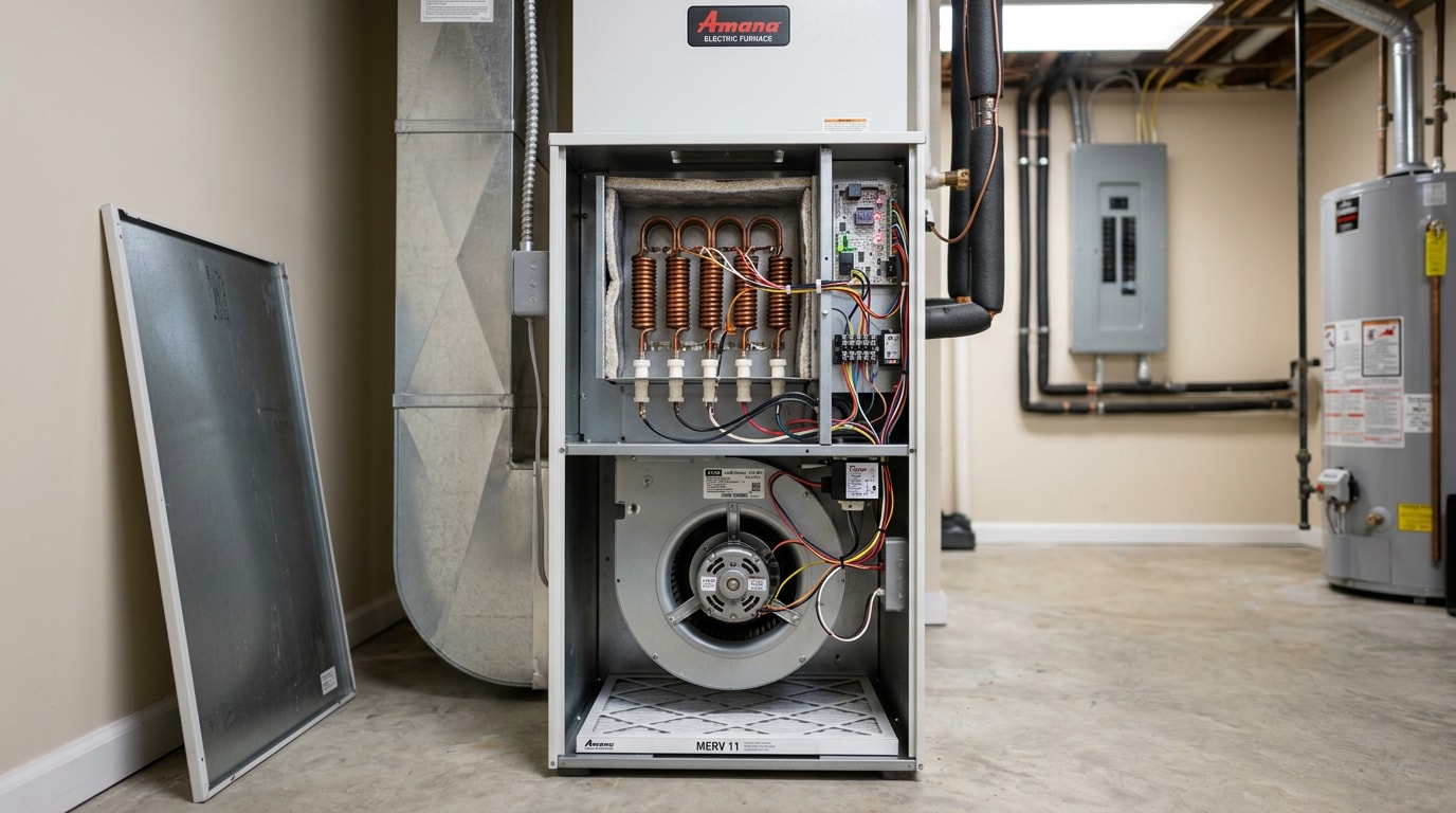Residential electric furnace with access panel open showing heating elements and blower assembly