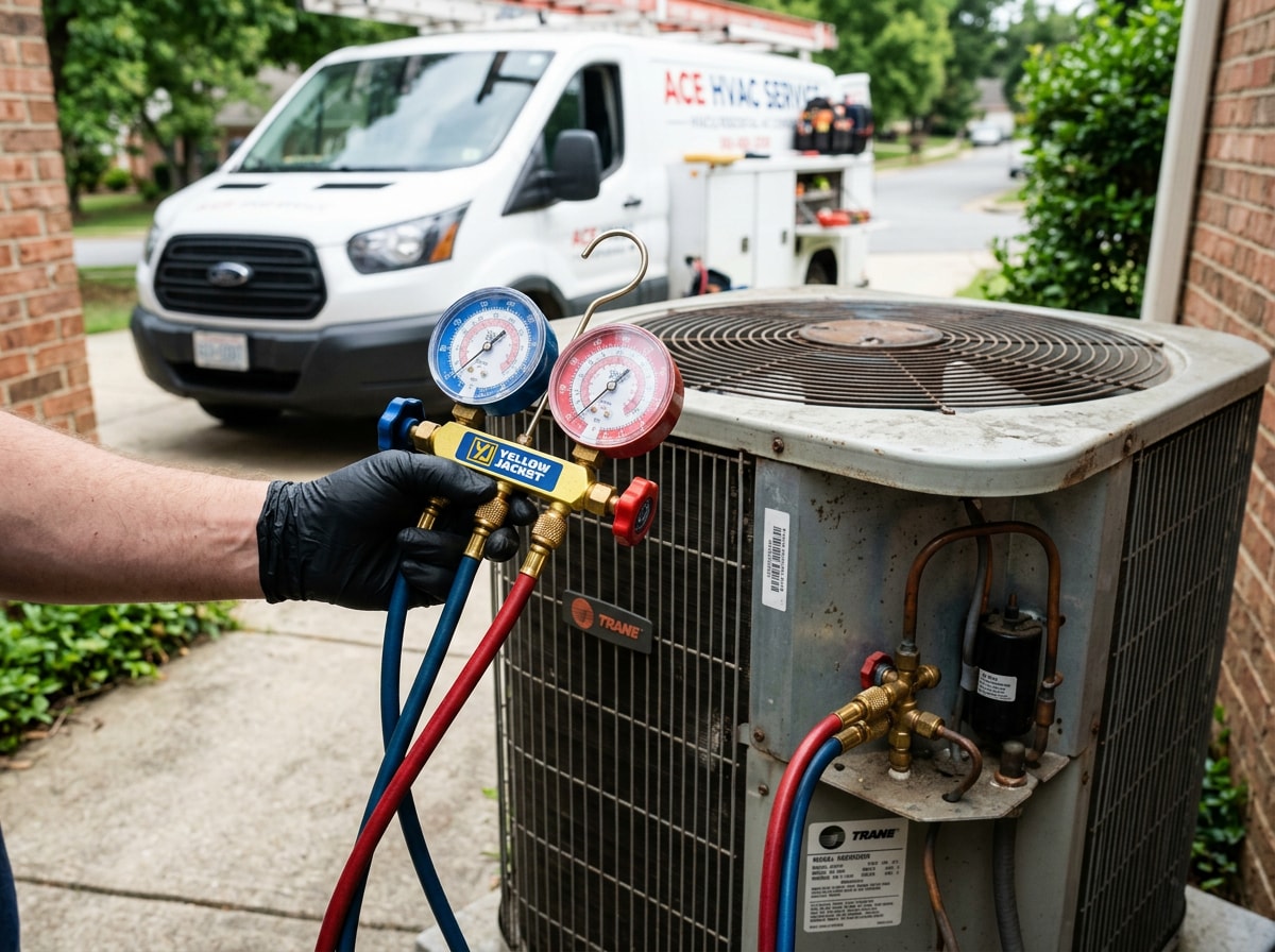 Technician checking refrigerant pressure gauges on an outdoor AC condenser unit in Baltimore