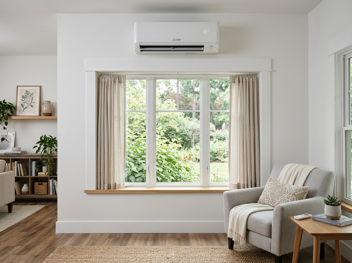 Wall-mounted ductless mini-split indoor unit installed above a window in a Baltimore home