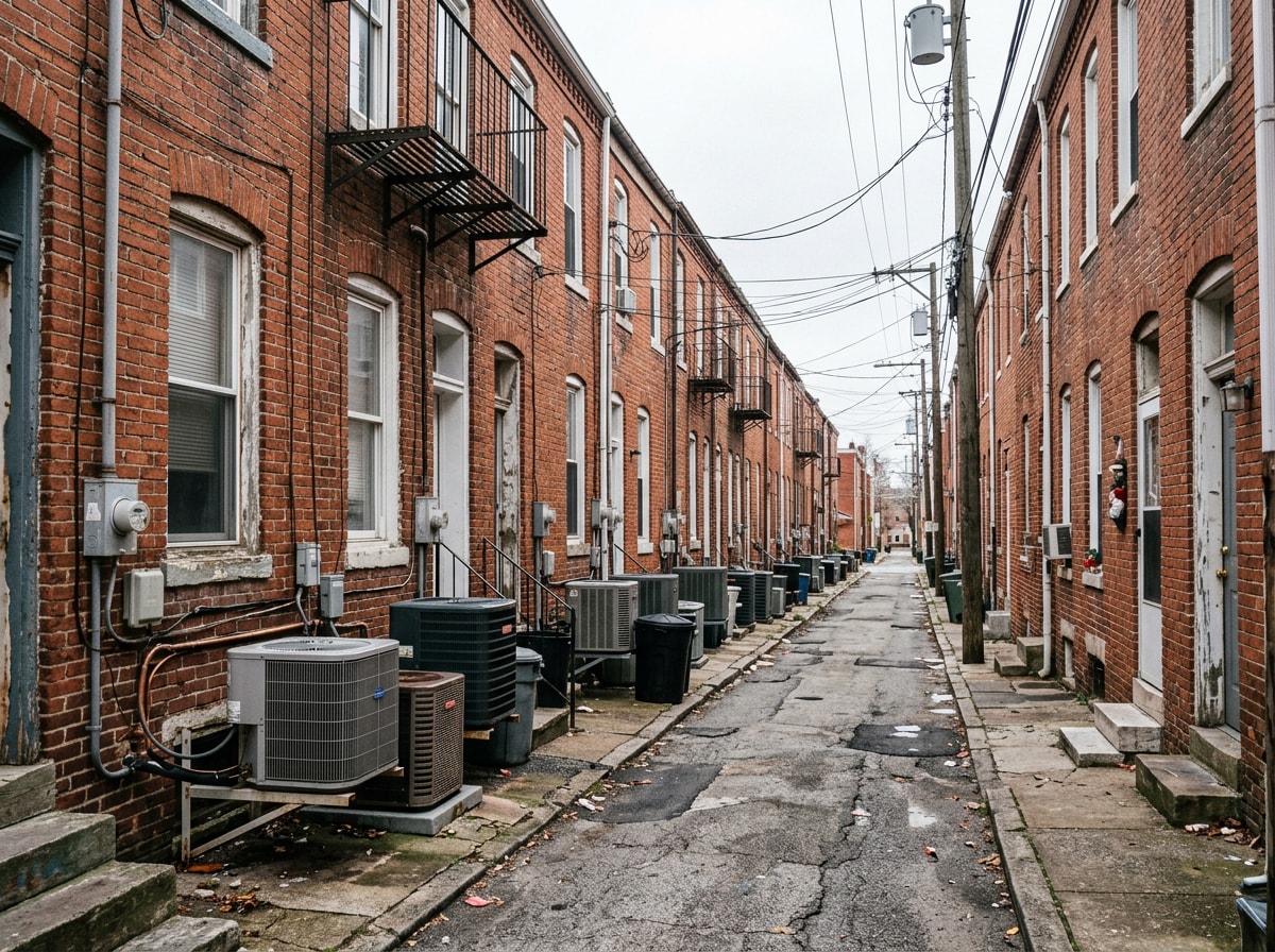 Row of Baltimore rowhomes with outdoor AC condenser units along the alley