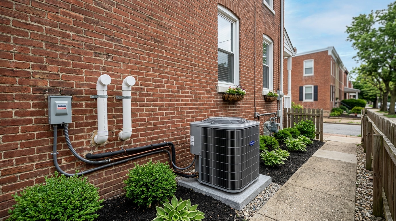 Outdoor HVAC condenser unit installed beside a Baltimore rowhome Outdoor HVAC condenser unit installed beside a Baltimore rowhome