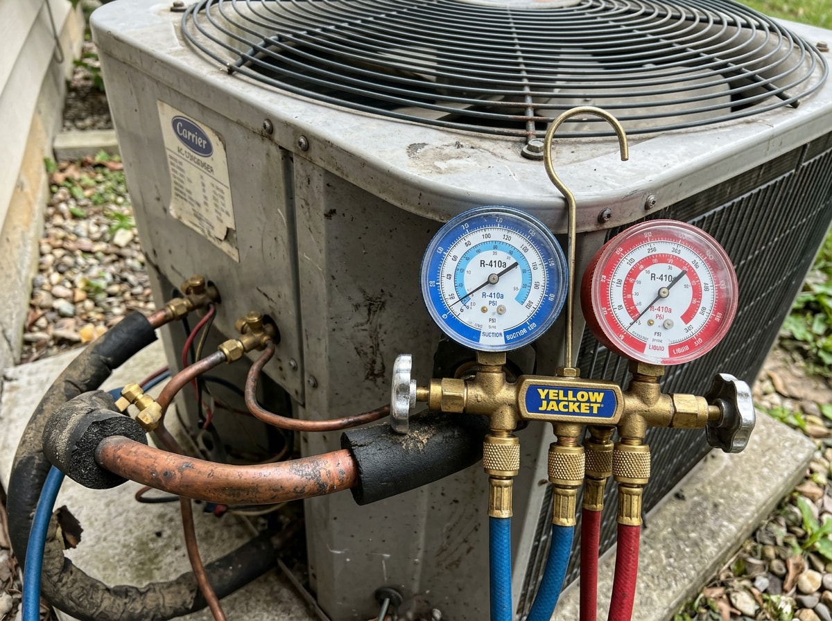 Technician using gauges to diagnose a home air conditioning condenser unit outdoors in Perry Hall, MD