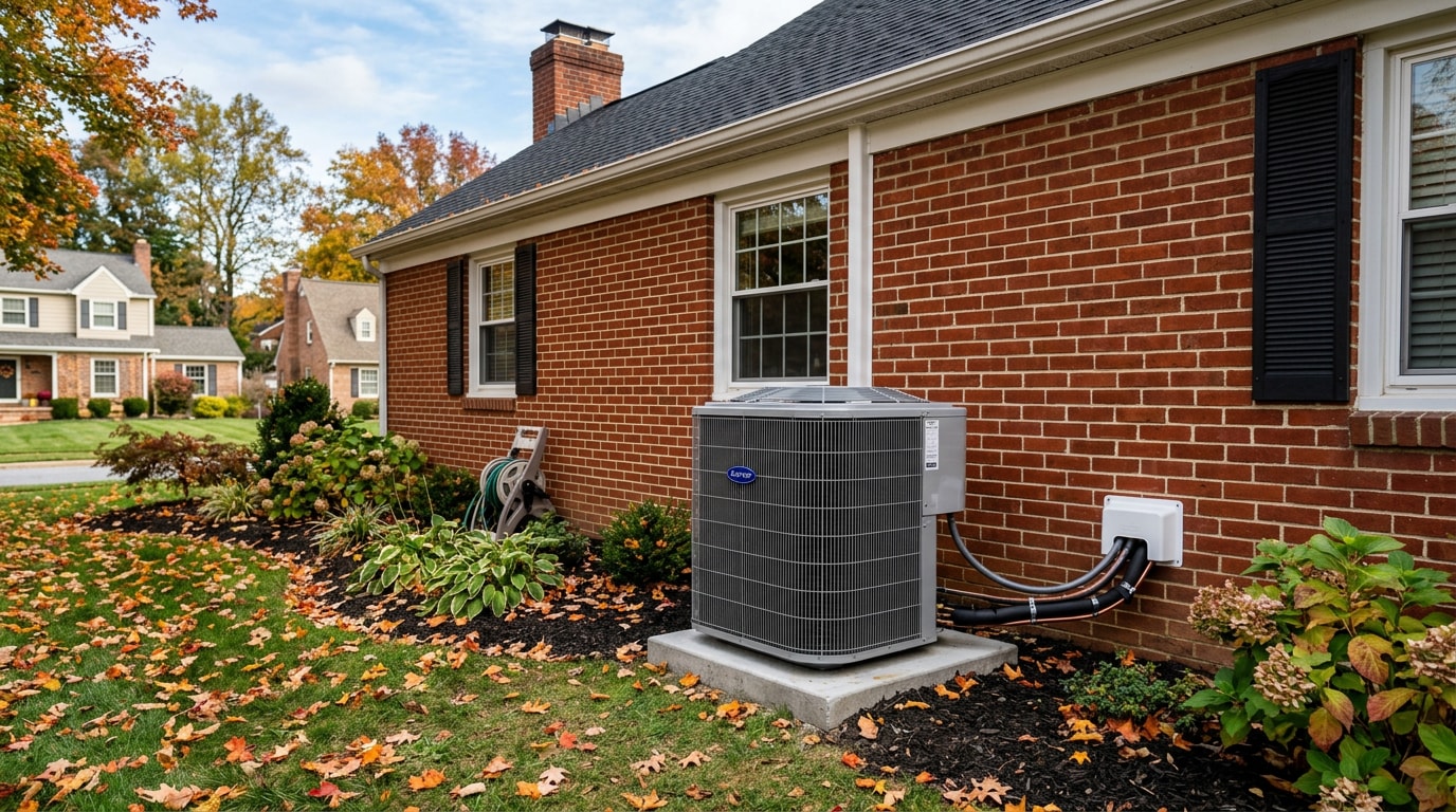 Home air conditioning condenser unit installed outside a house in Perry Hall, MD