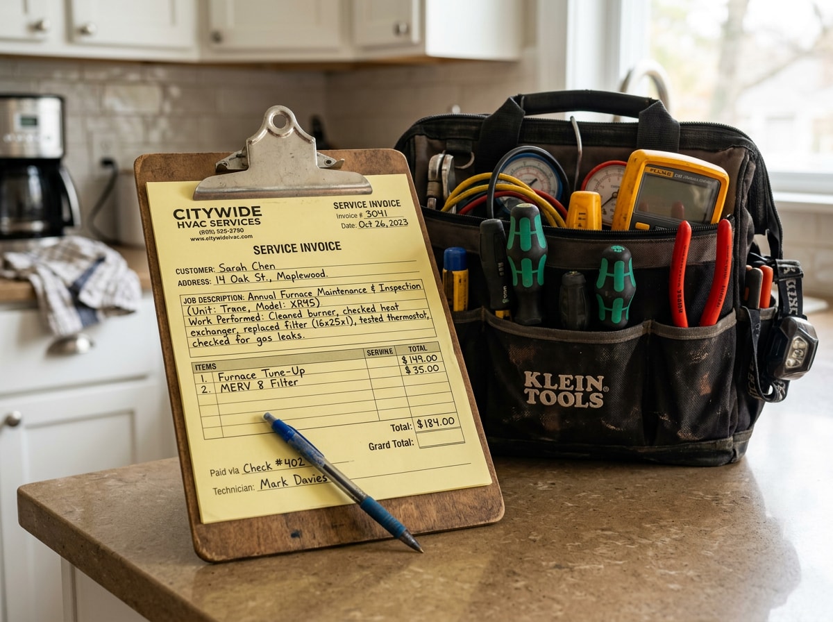 Technician's invoice and toolbox on a kitchen counter after an HVAC service call