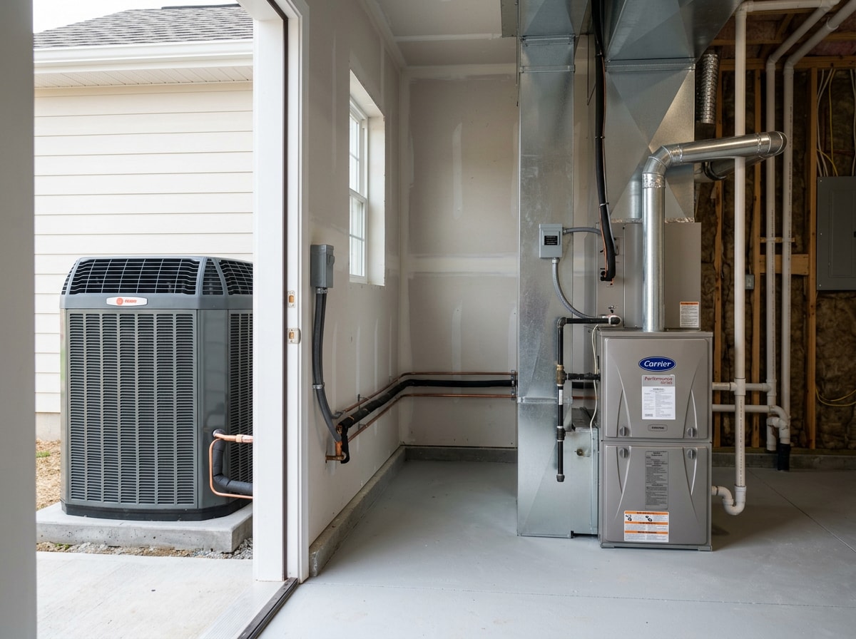 Outdoor condenser unit and furnace installed side by side in a finished mechanical room