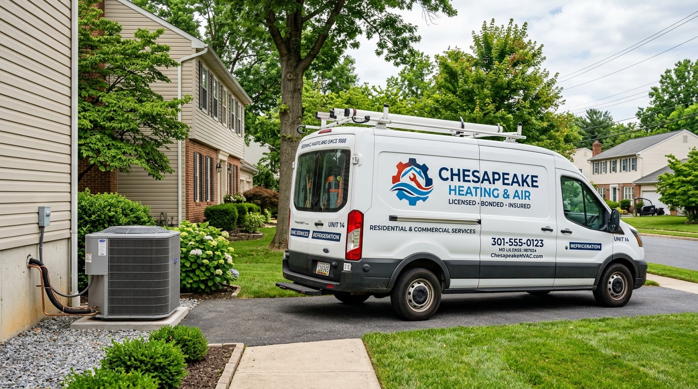 HVAC service van parked beside a residential air conditioning unit in Parkville, MD