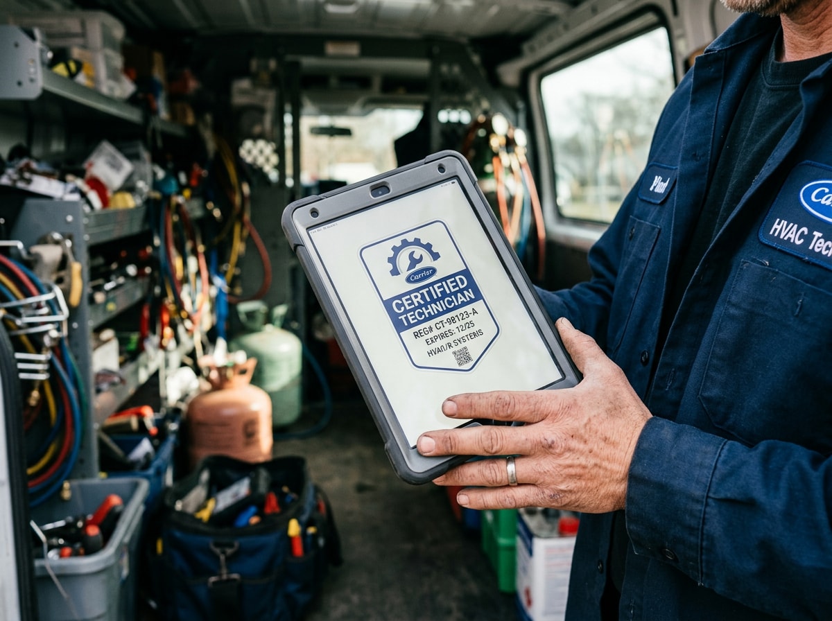 Technician reviewing an HVAC dealer certification badge on a tablet inside a service truck