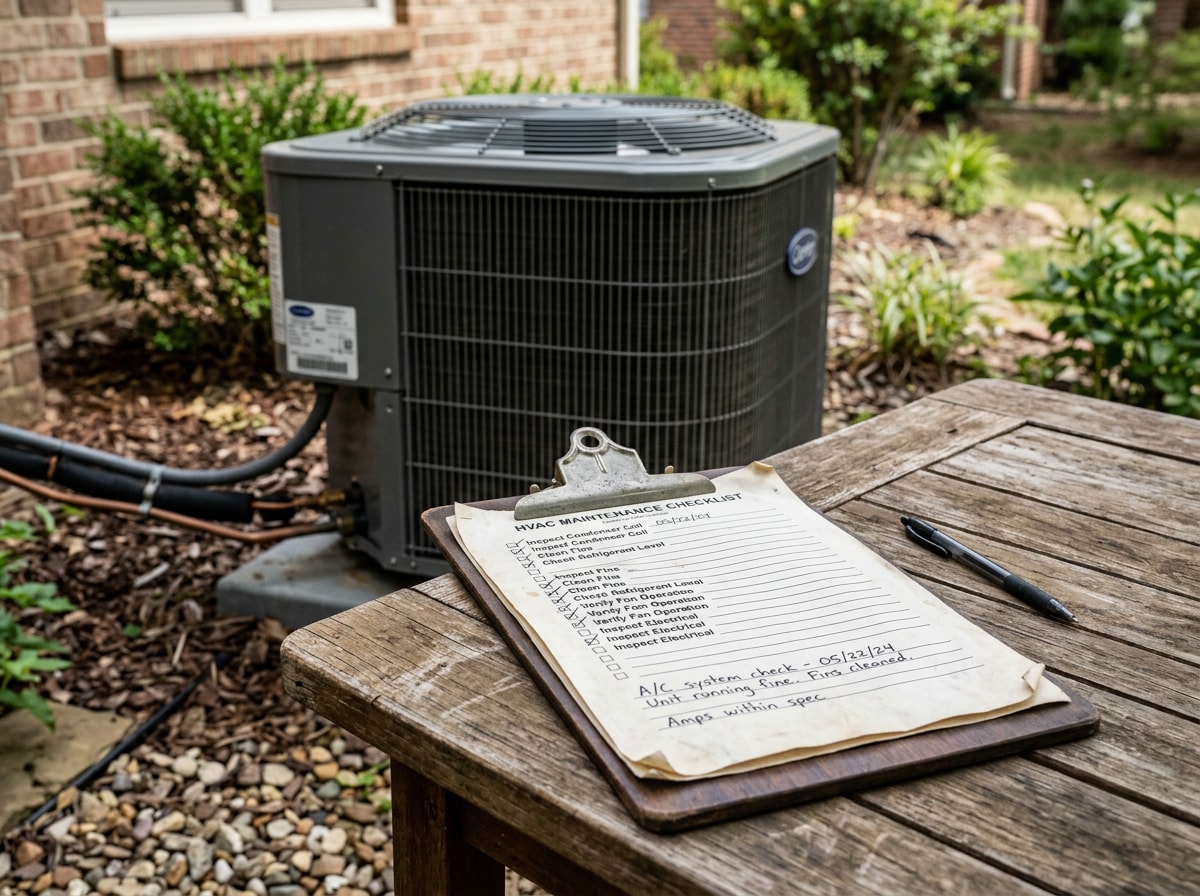 Homeowner's checklist on a clipboard next to a residential outdoor HVAC condenser