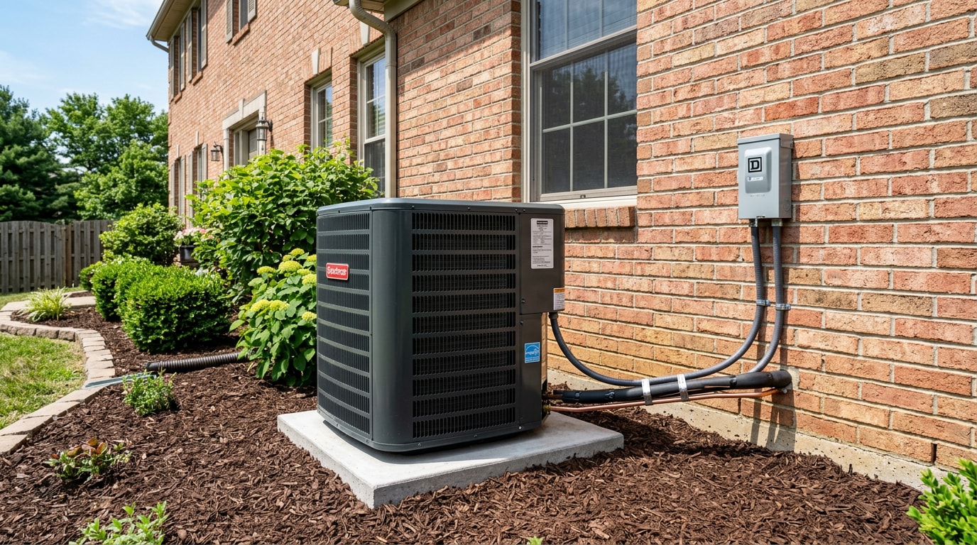 Modern residential HVAC condenser unit installed outside a suburban Owings Mills home