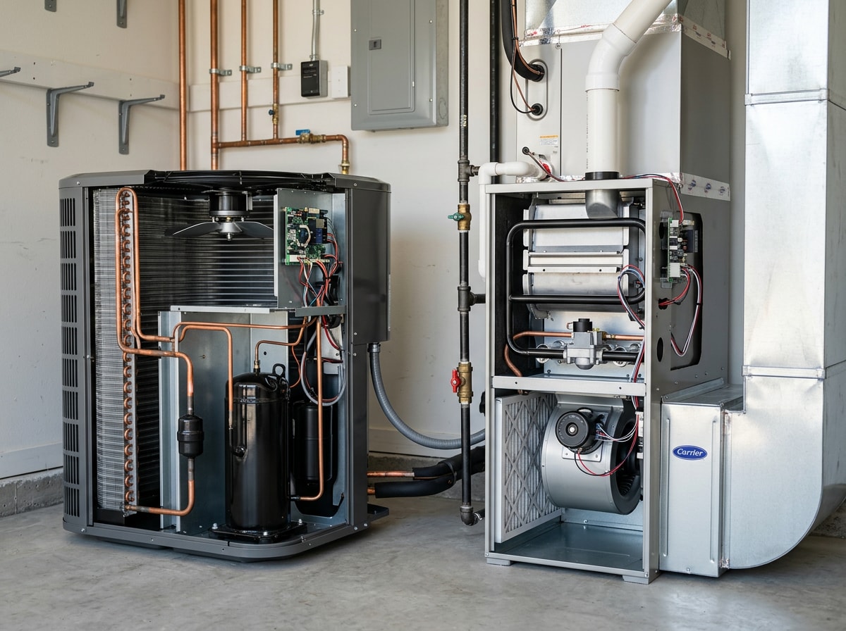 Diagram comparing heat pump heating cycle efficiency to a standard gas furnace