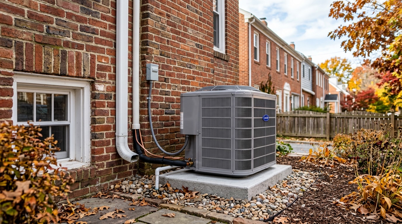 Newly installed outdoor heat pump unit beside a brick Dundalk, MD rowhome Newly installed outdoor heat pump unit beside a brick Dundalk, MD rowhome