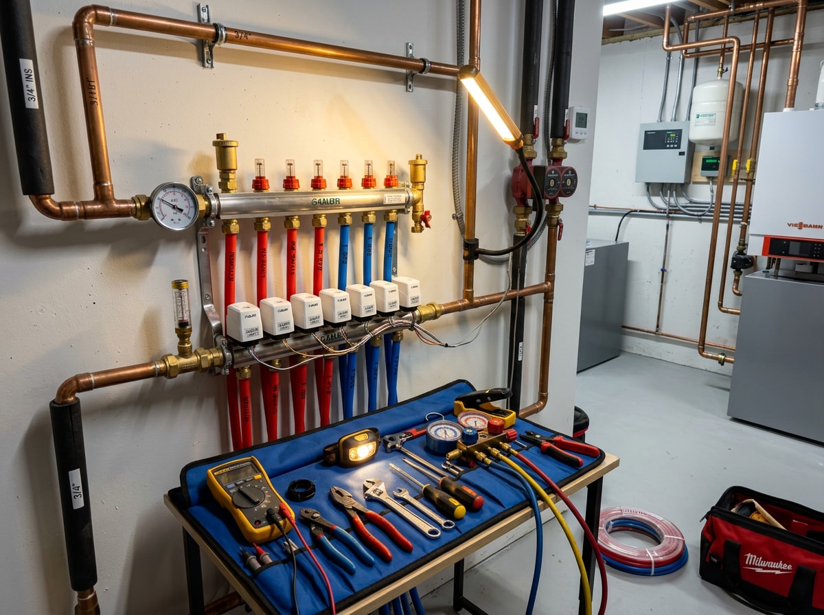 Technician repairing a hydronic radiant heating manifold in a Towson, MD basement