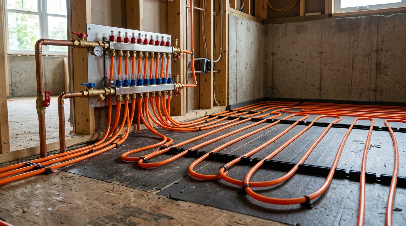 Hydronic radiant floor heating tubing and manifold installed in a residential basement