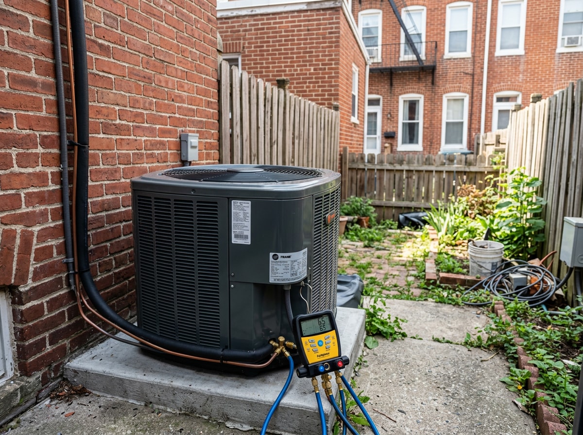 HVAC technician recharging refrigerant on an outdoor AC condenser unit in a Baltimore rowhome backyard