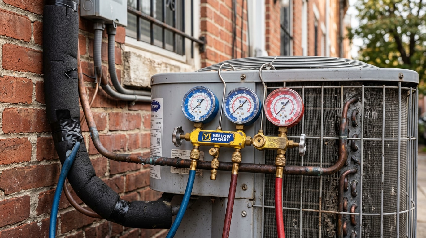 Gauge manifold connected to an outdoor AC condenser unit during a refrigerant recharge in Baltimore, MD