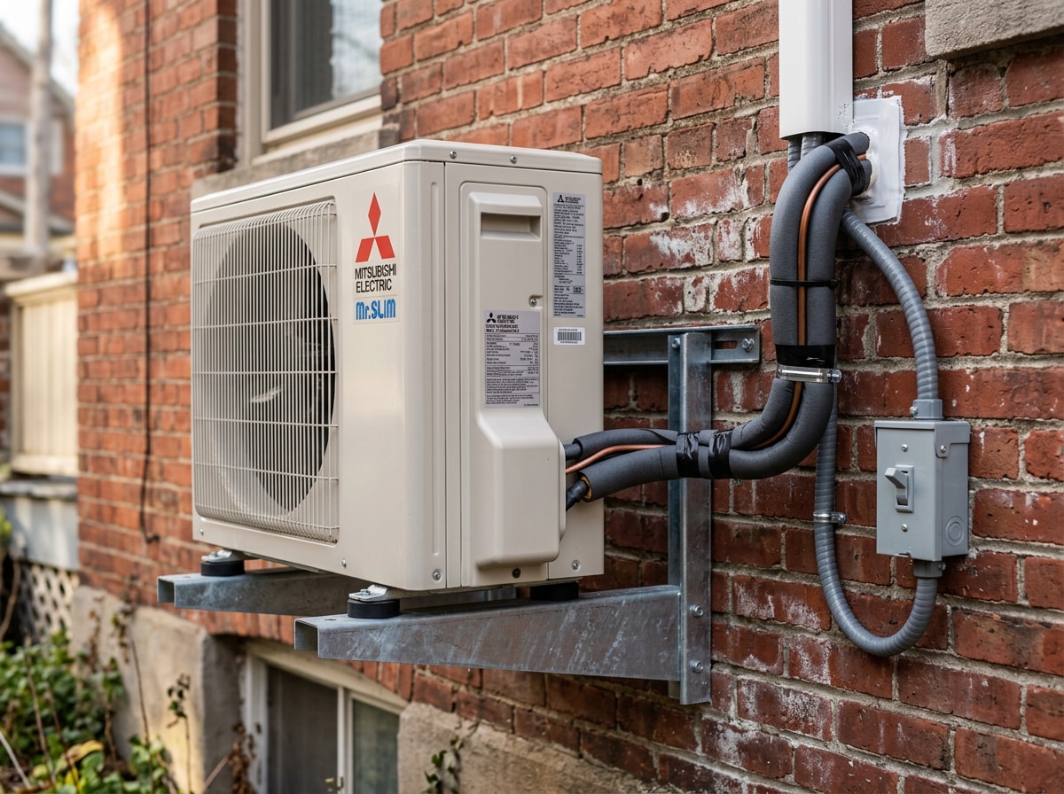 Ductless mini-split outdoor condenser mounted on an exterior wall bracket at a brick Rosedale-style home