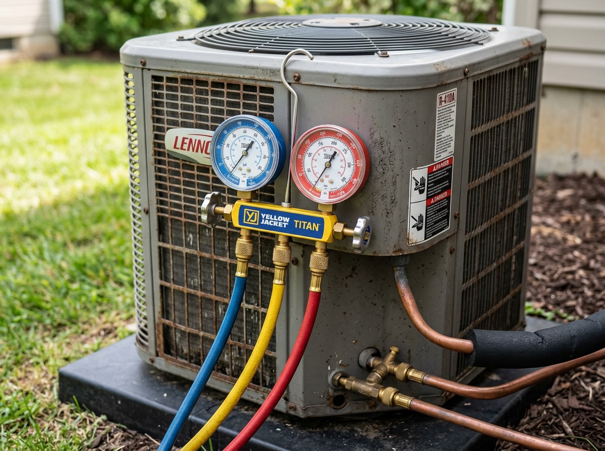Outdoor AC condenser unit with refrigerant line set and service gauges connected during a system charge